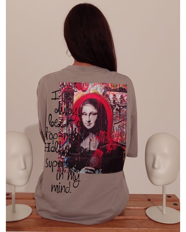 Monalisa Oversize Unisex Baskılı Pamuk Gri Tişört