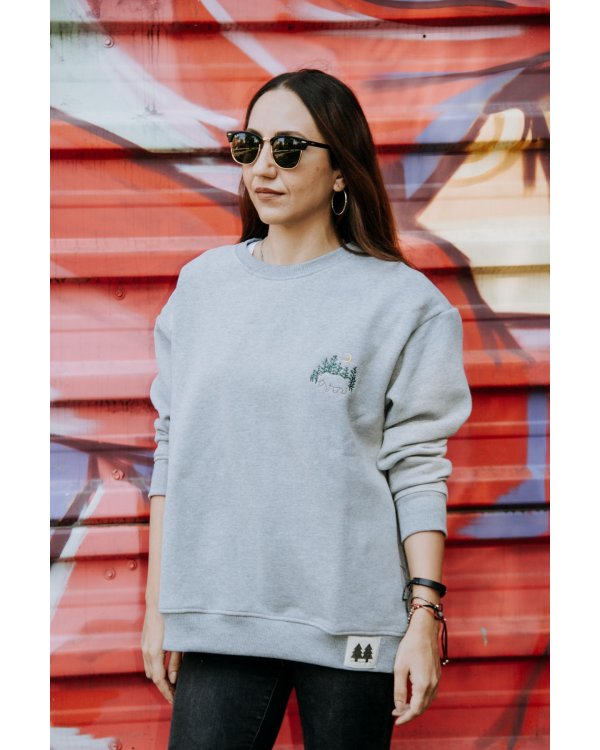 Şardonlu Ayı Nakışlı Oversize Bisiklet Yaka Gri Sweatshirt