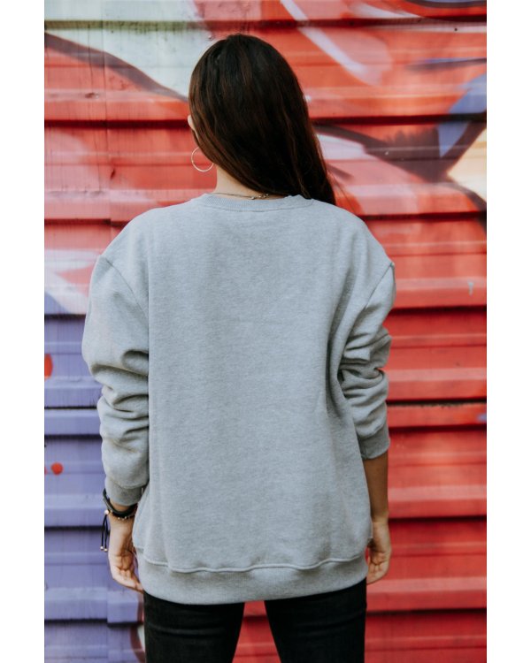 Şardonlu Ayı Nakışlı Oversize Bisiklet Yaka Gri Sweatshirt