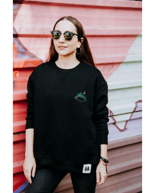  Şardonsuz Ayı Nakışlı Oversize Bisiklet Yaka Siyah Sweatshirt