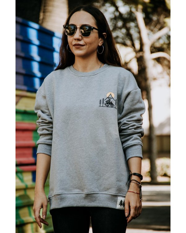 Şardonlu Camp model Oversize Bisiklet Yaka  Gri Sweatshirt