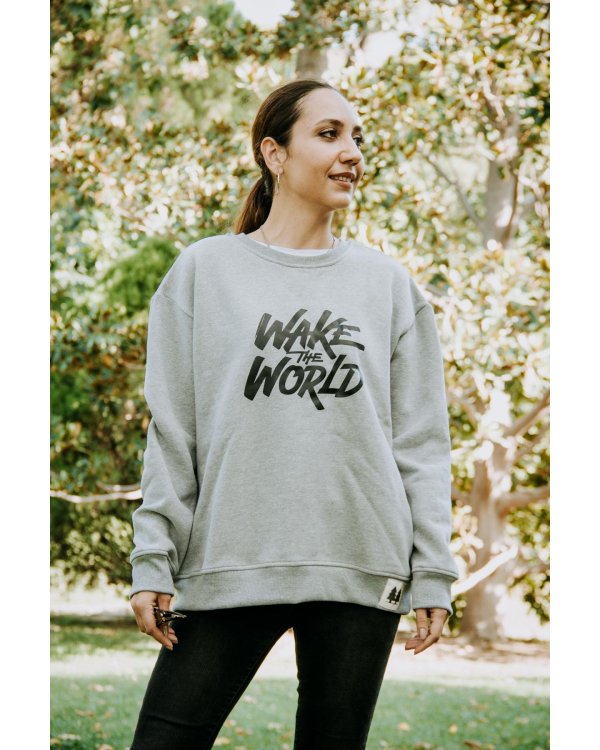 Şardonlu Wake The World Baskılı Yuvarlak Yaka Oversize Gri Sweatshirt