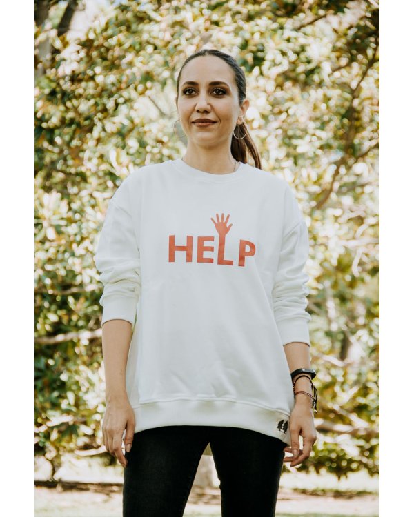 Şardonlu Help Baskılı Yuvarlak Yaka Beyaz Sweatshirt