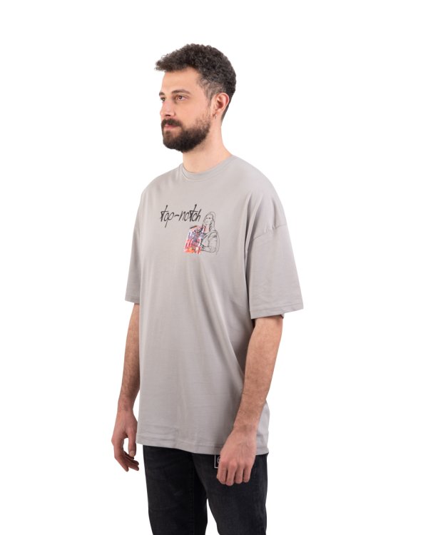 Monalisa Oversize Unisex Baskılı Pamuk Gri Tişört
