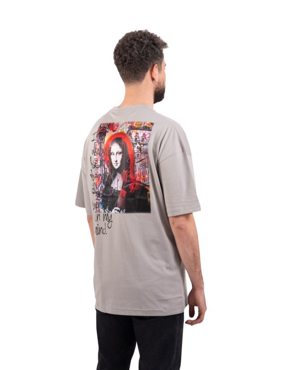 Monalisa Oversize Unisex Baskılı Pamuk Gri Tişört