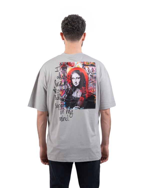 Monalisa Oversize Unisex Baskılı Pamuk Gri Tişört