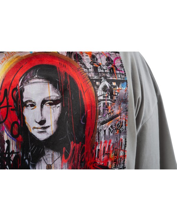 Monalisa Oversize Unisex Baskılı Pamuk Gri Tişört