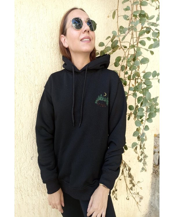 Şardonlu Ayı Nakışlı Oversize Kapüşonlu Siyah  Sweatshirt