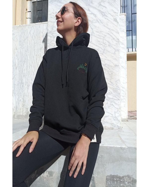 Şardonlu Ayı Nakışlı Oversize Kapüşonlu Siyah  Sweatshirt