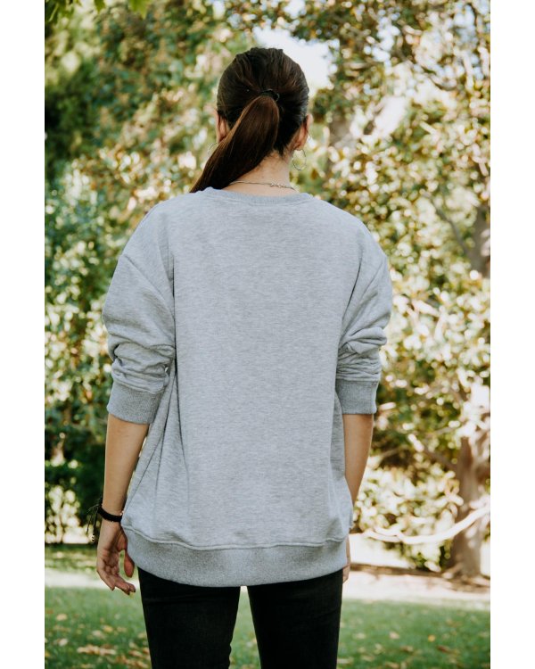 Şardonlu Oversize Model Kapüşonlu Gri Sweatshirt 